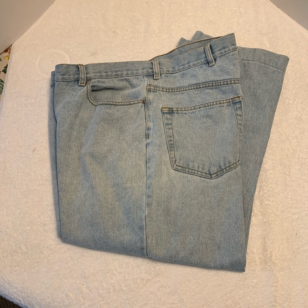 B. E. Blues, washed jeans.  Straight leg, 40W.  Button waist & zipper fly.